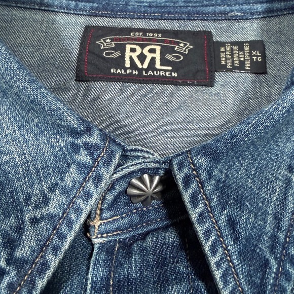Ralph Lauren Double RRL Denim Shirt Mens XL Slim Fit Western Pearl Snap Cowboy - Picture 6 of 14